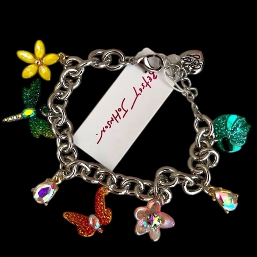 BETSEY JOHNSON Garden Glam Collection Silver Multiple Charm Bracelet NEW NWT